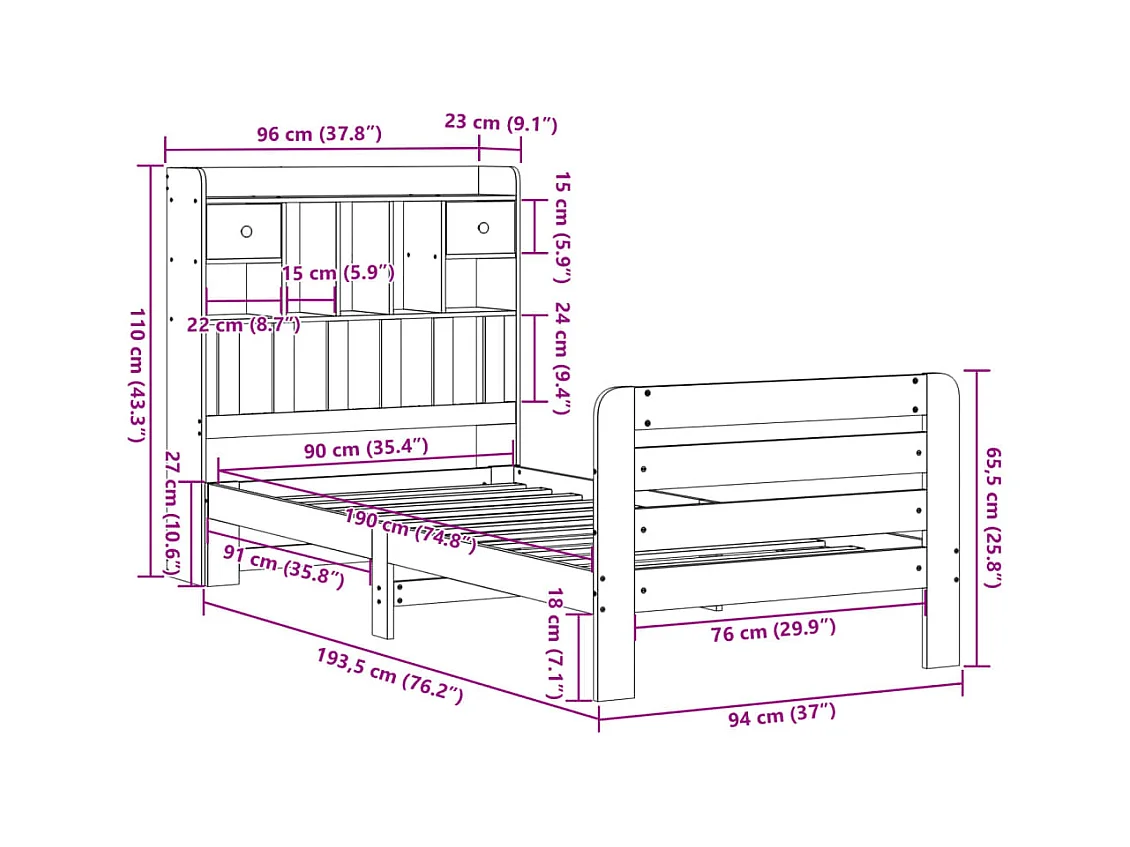 Lit bibliothèque sans matelas 90x190 cm bois de pin massif