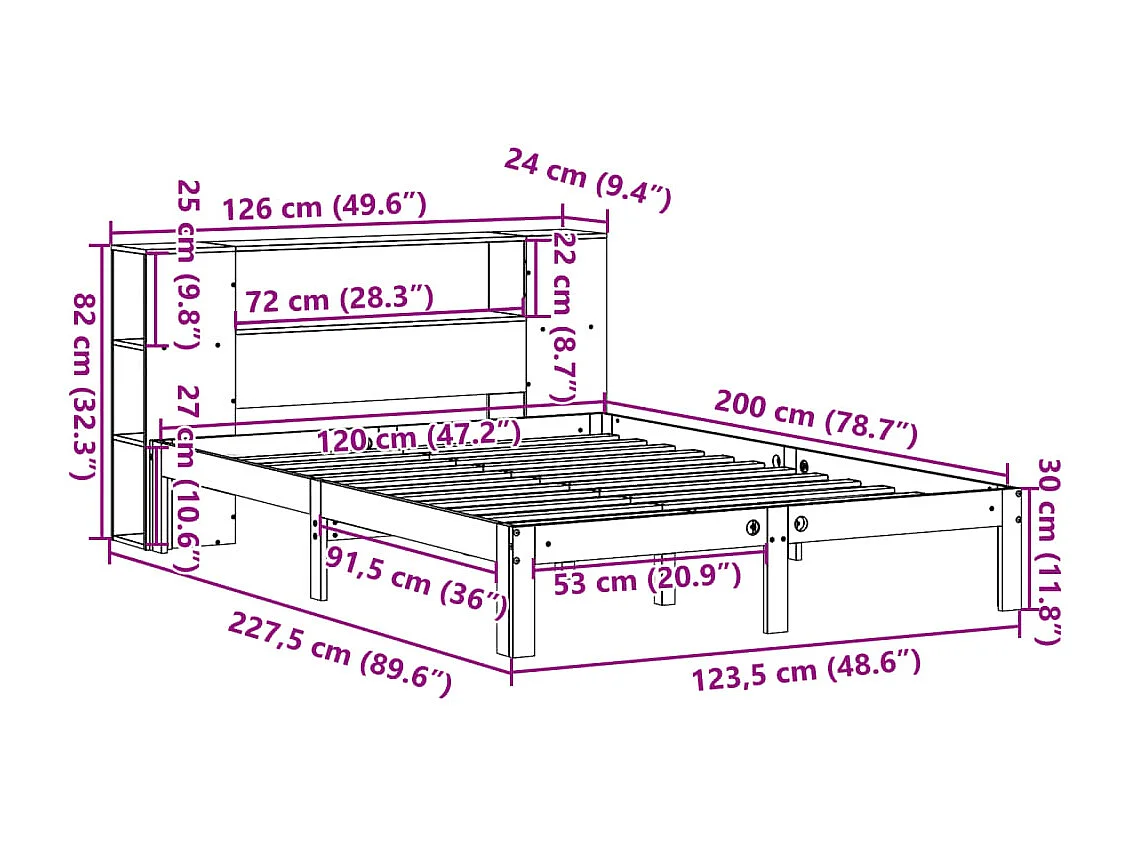 Bed met boekenkast zonder matras grenenhout wit 120x200 cm