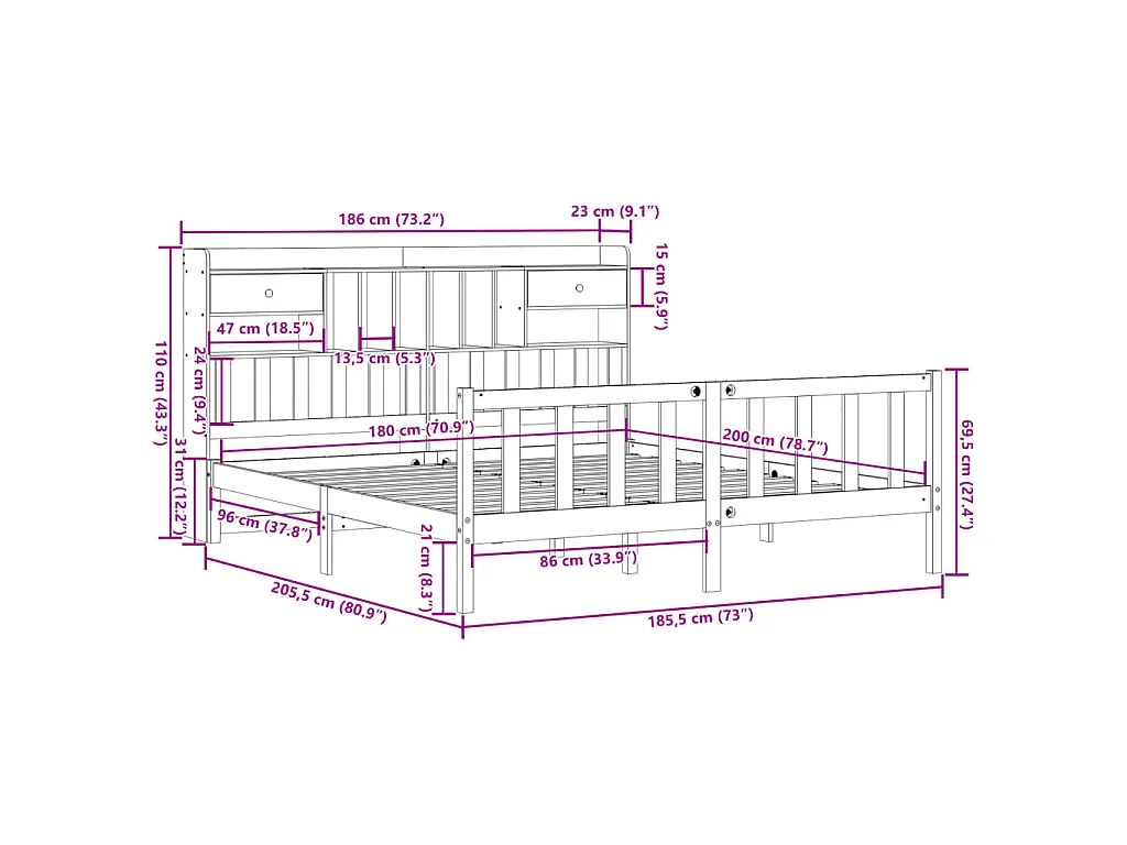 Massivholzbett mit Regal ohne Matratze 180x200 cm Kiefernholz