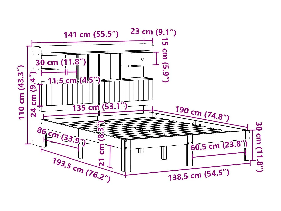 Bed met boekenkast zonder matras massief grenenhout 135x190 cm