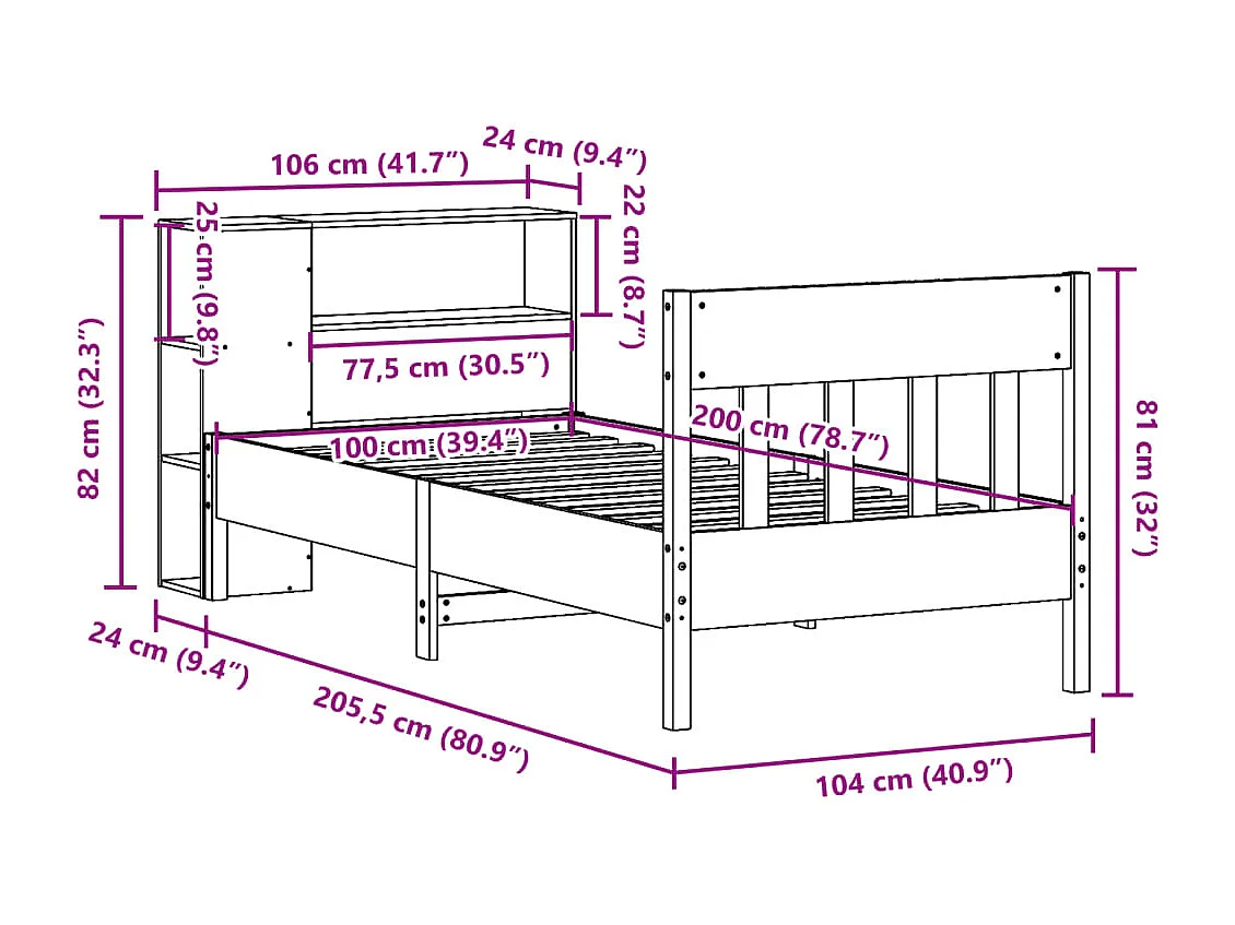 Letto Libreria senza Materasso Bianco 100x200 cm Legno di Pino
