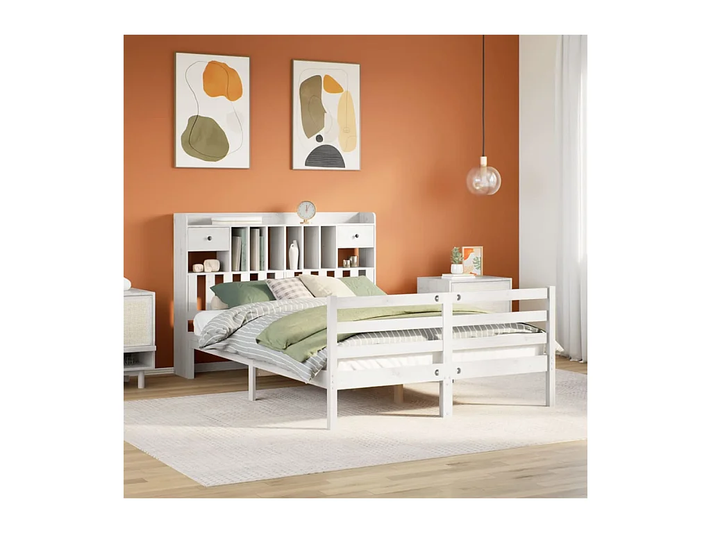 Lit bibliothèque sans matelas blanc 160x200 cm bois pin massif