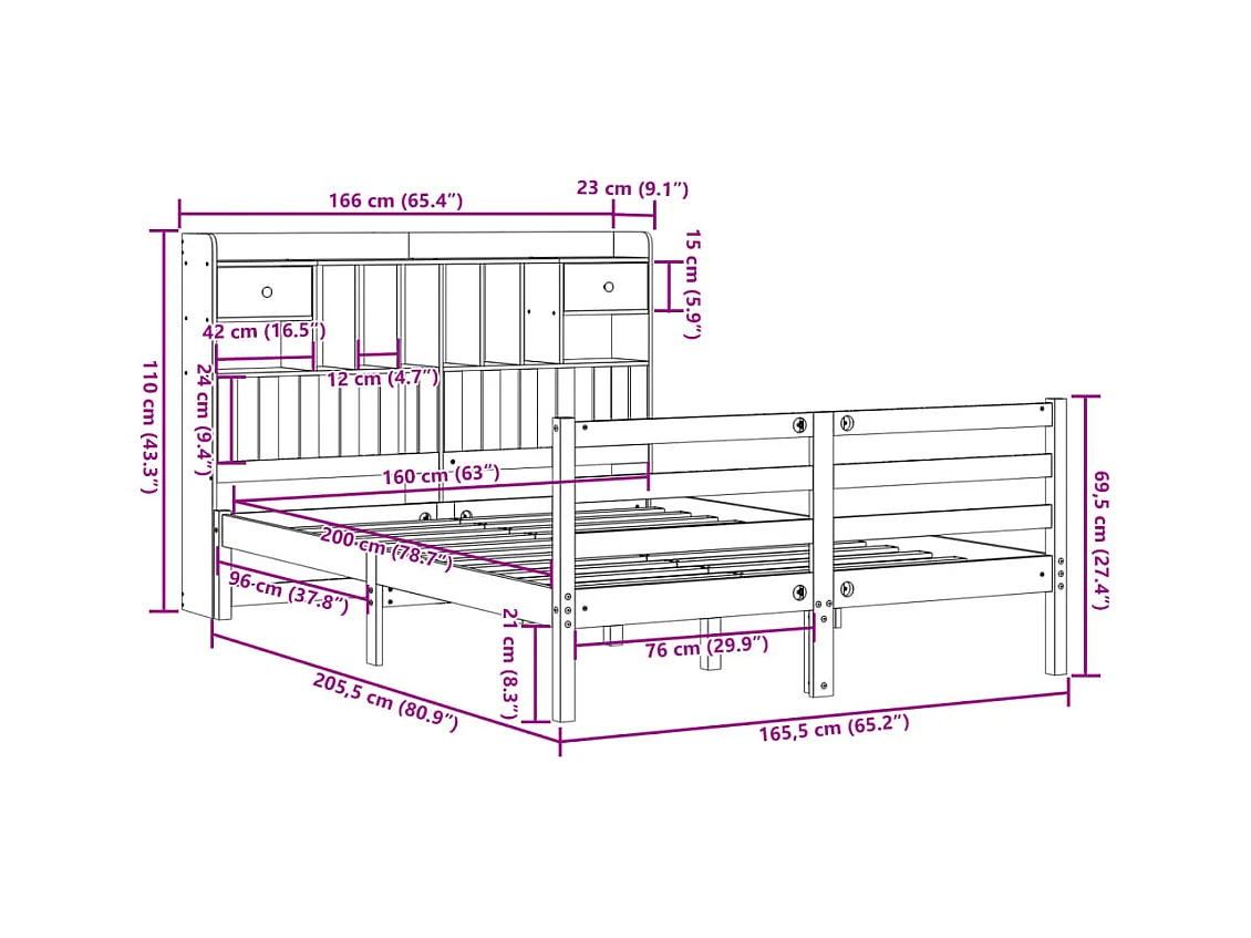 Lit bibliothèque sans matelas blanc 160x200 cm bois pin massif