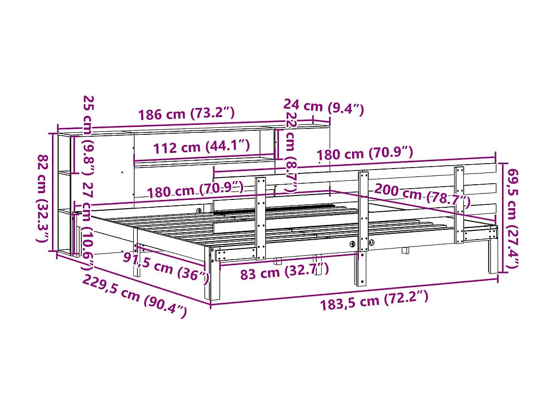 Lit bibliothèque sans matelas 180x200 cm bois massif de pin