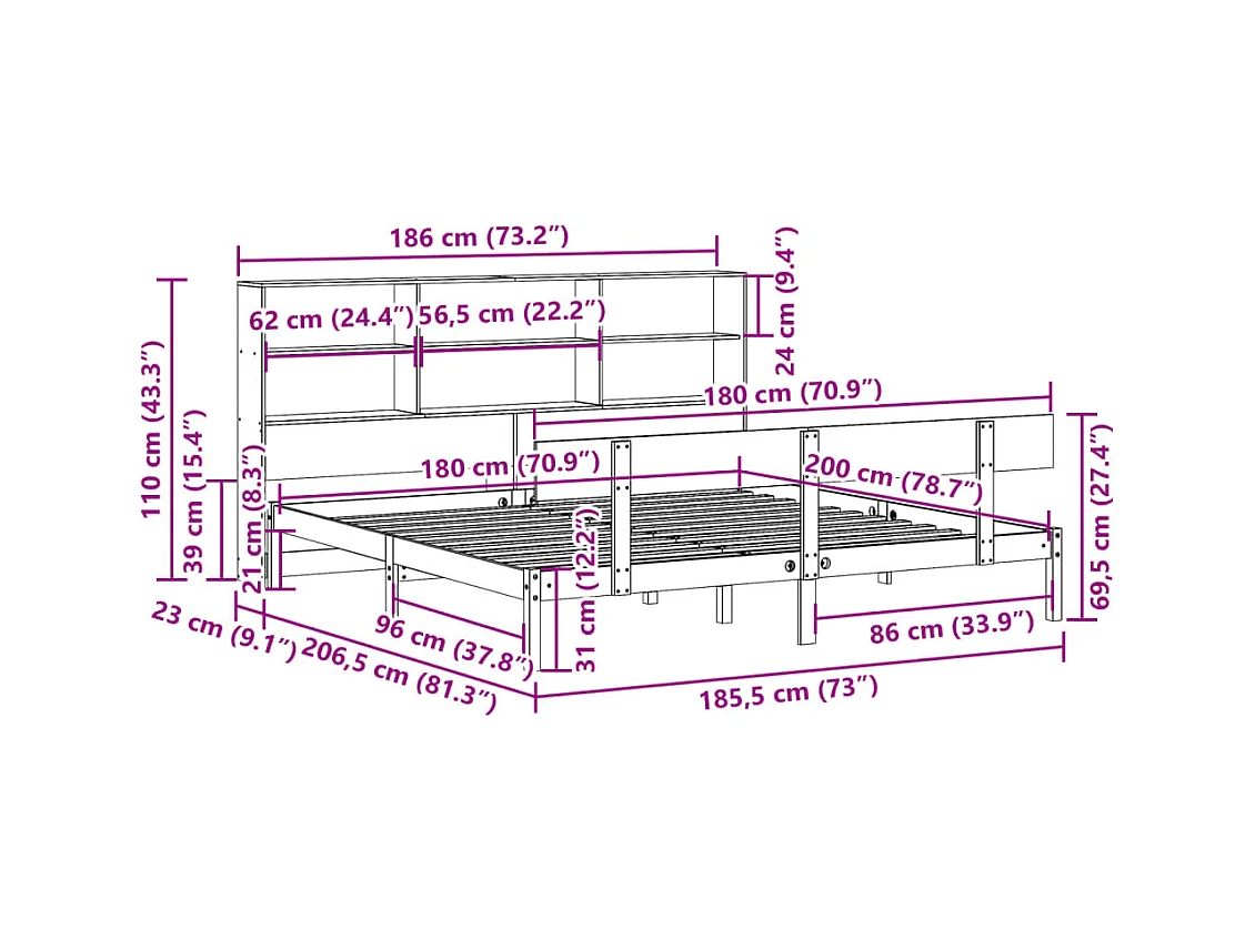Giroletto con Libreria senza Materasso 180x200 cm in Legno Pino