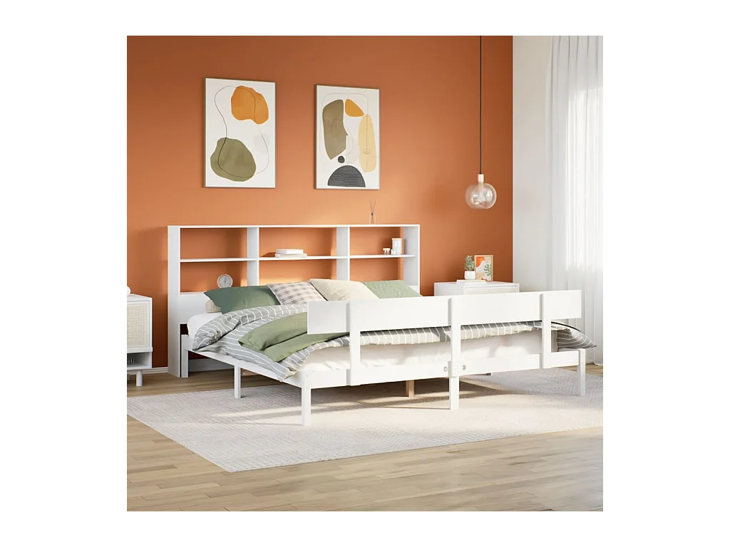 Lit bibliothèque sans matelas blanc 180x200 cm bois pin massif