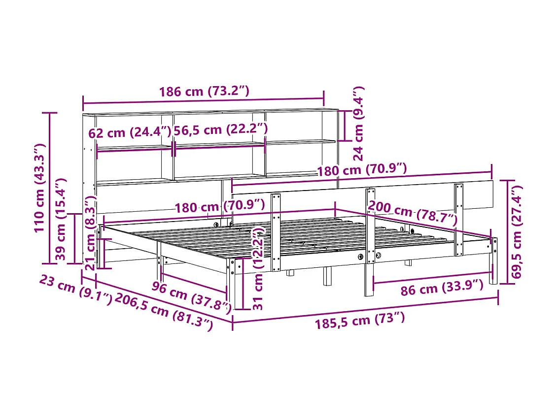 Cama com estante sem colchão 180x200 cm pinho maciço branco