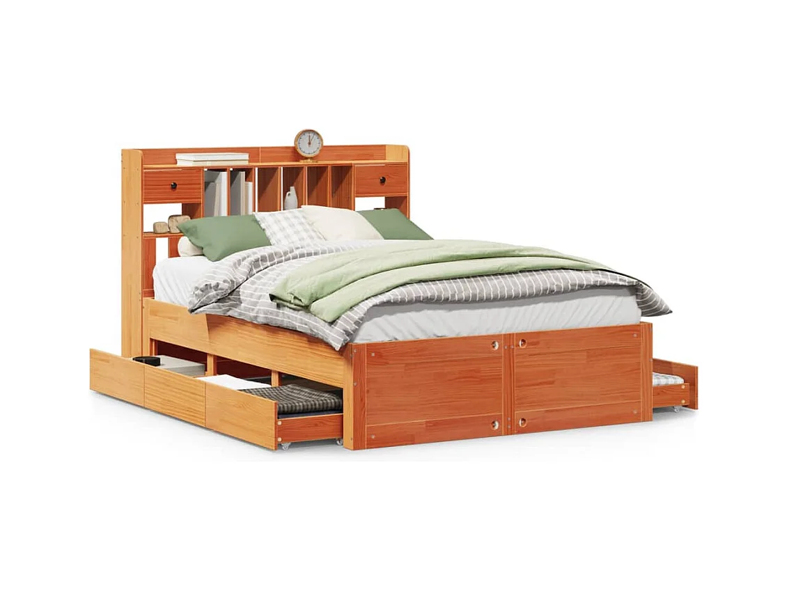 Lit bibliothèque sans matelas cire marron 150x200 cm pin massif