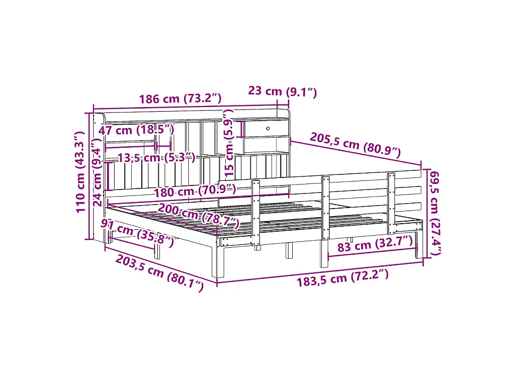 Giroletto con Libreria senza Materasso 180x200 cm in Legno Pino