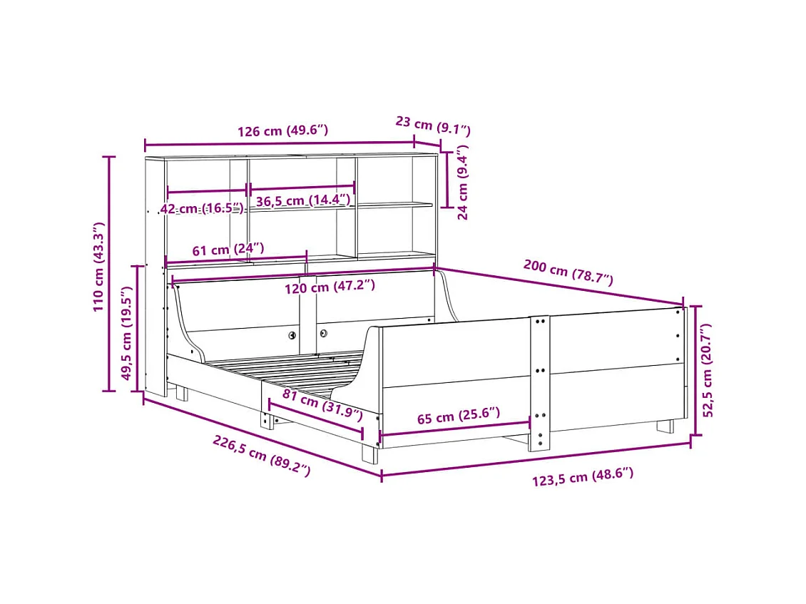 Cama con estantería sin colchón madera maciza marrón 120x200cm