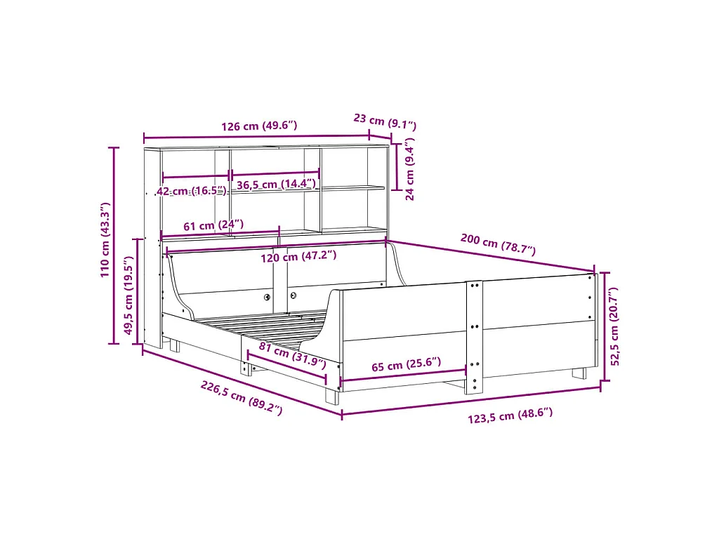 Massivholzbett mit Regal ohne Matratze Wachsbraun 120x200 cm