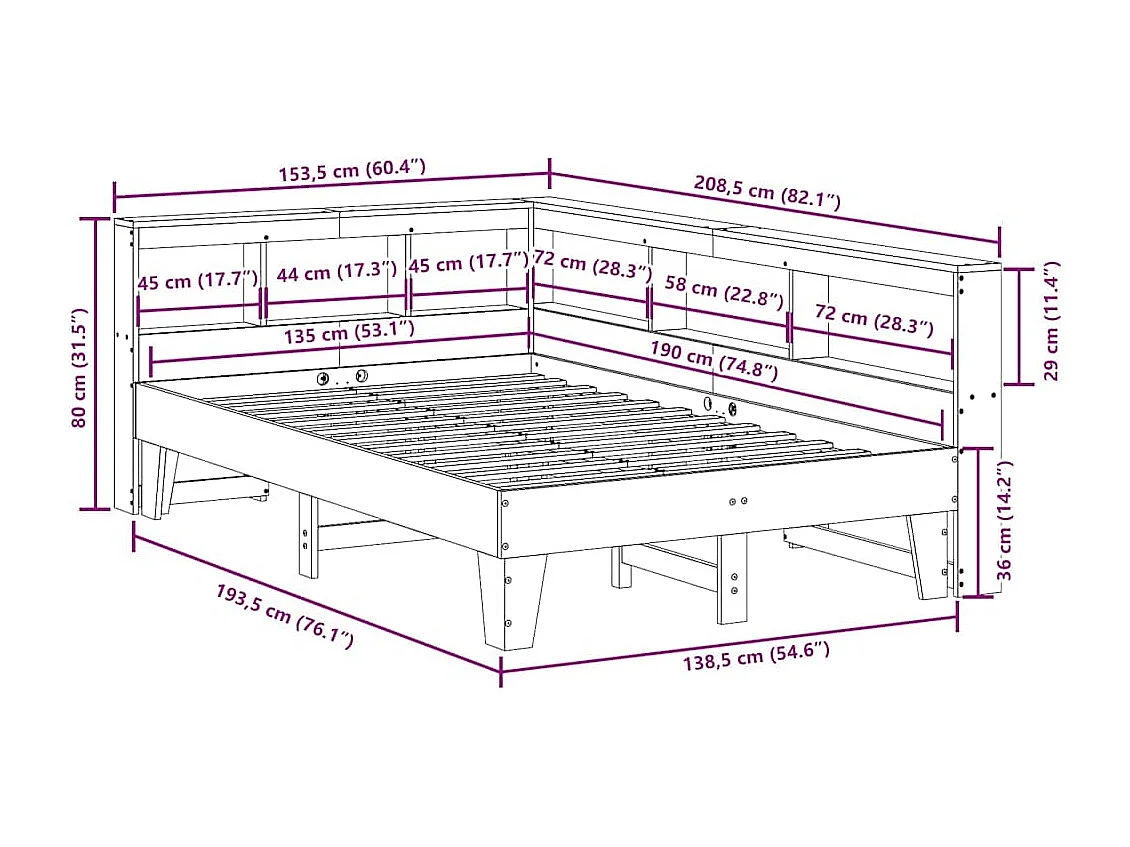 Bed met boekenkast zonder matras grenenhout wasbruin 135x190 cm