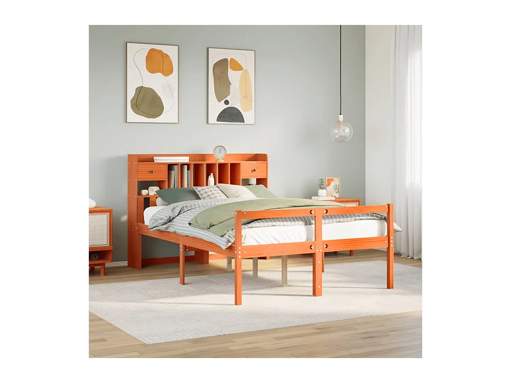 Lit bibliothèque sans matelas cire marron 160x200 cm pin massif