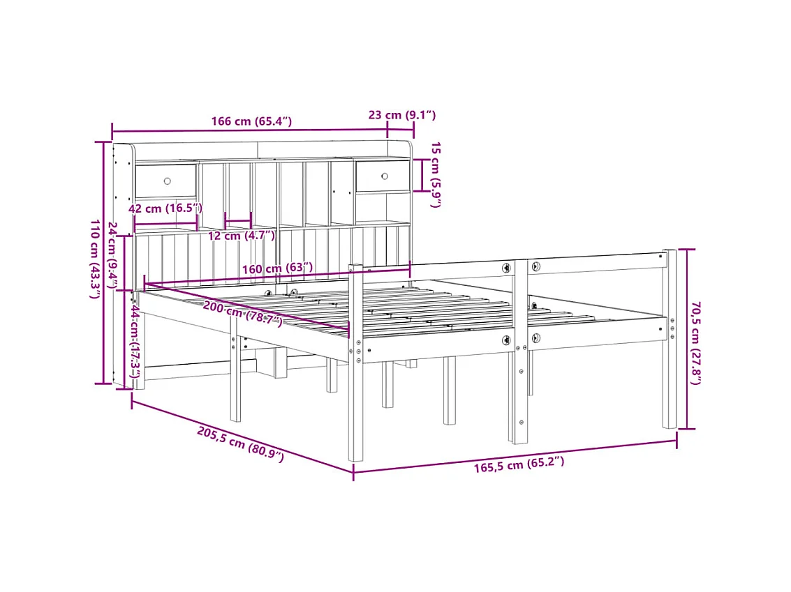 Lit bibliothèque sans matelas cire marron 160x200 cm pin massif
