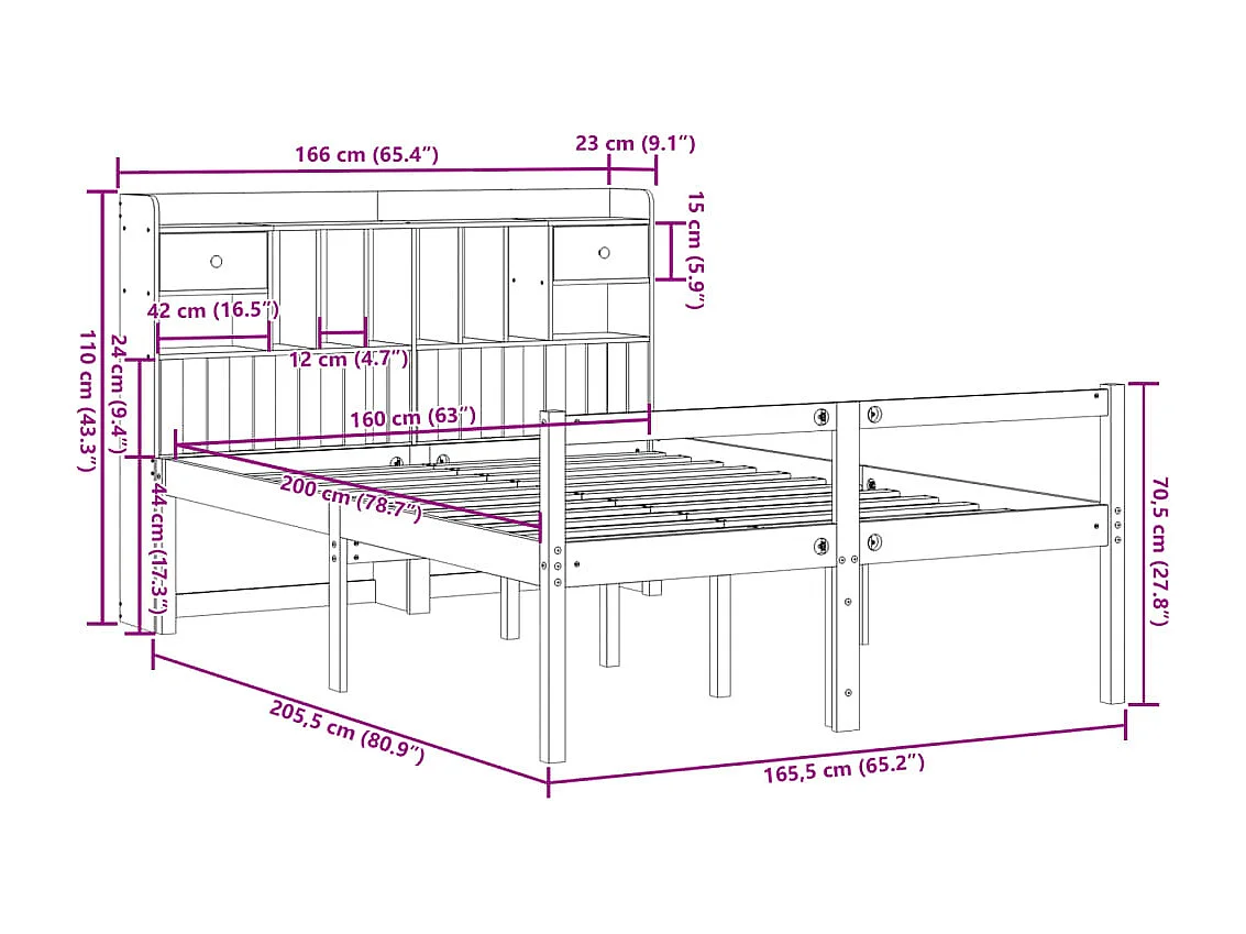 Cama con estantería sin colchón madera maciza marrón 160x200 cm