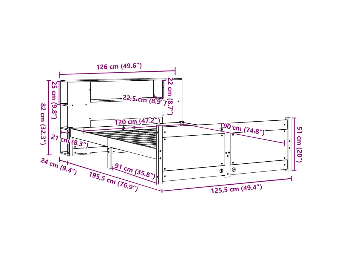 Lit bibliothèque sans matelas 120x190 cm bois de pin massif
