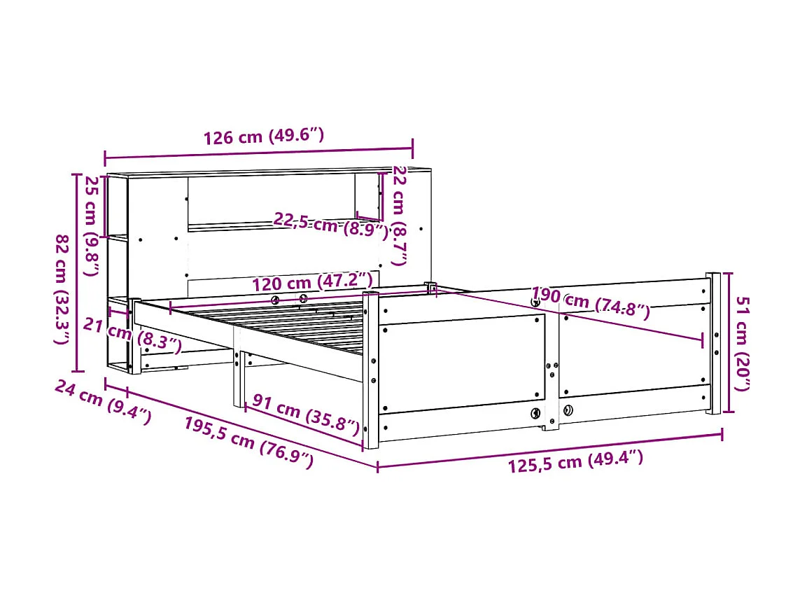 Cama com estante sem colchão 120x190 cm pinho maciço