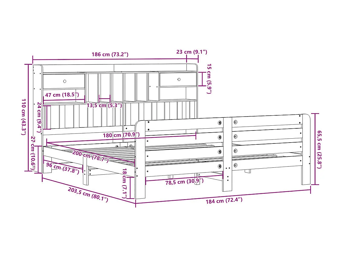 Lit bibliothèque sans matelas 180x200 cm bois massif de pin