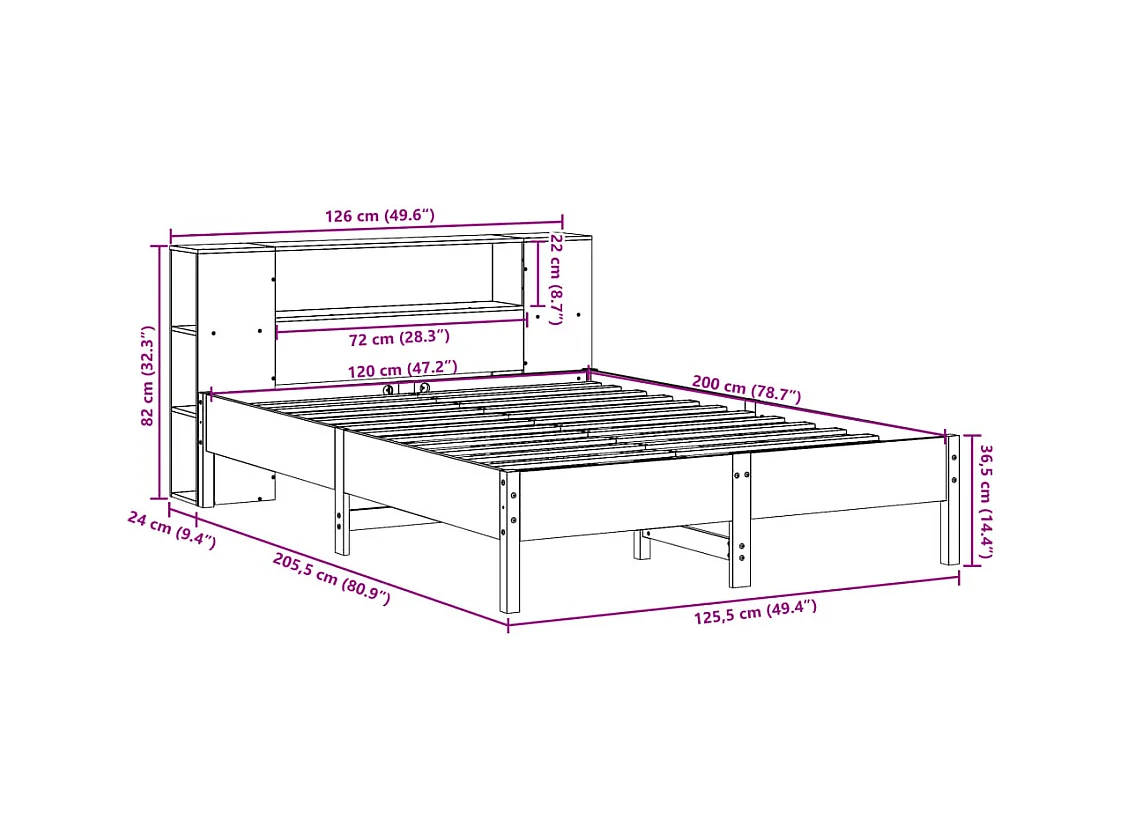 Lit bibliothèque sans matelas cire marron 120x200 cm pin massif