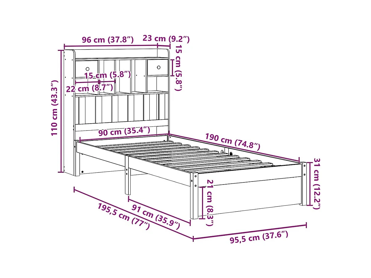 Lit bibliothèque sans matelas blanc 90x190cm bois de pin massif