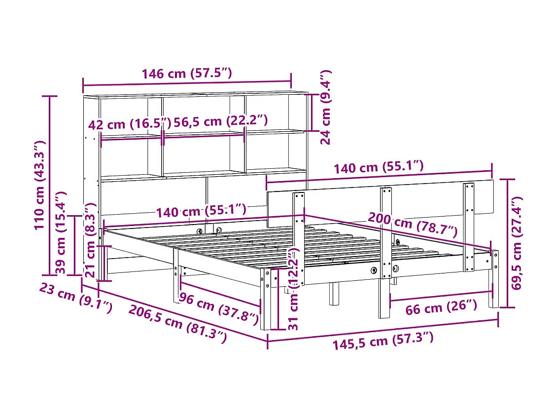 Lit bibliothèque sans matelas 140x200 cm bois massif de pin