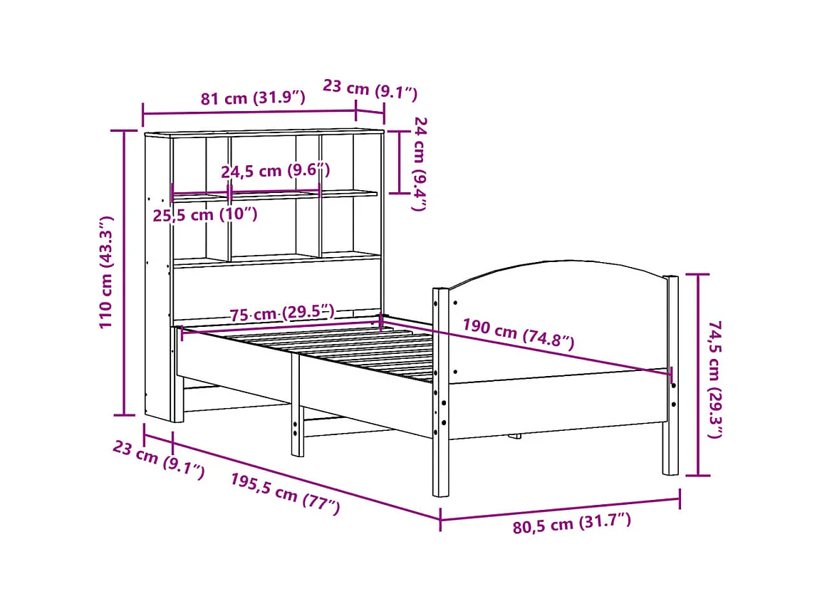 Lit bibliothèque sans matelas cire marron 75x190 cm pin massif