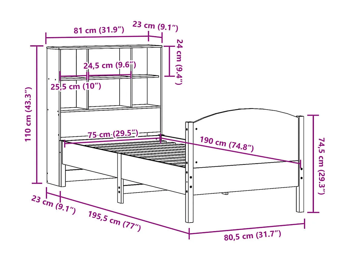 Lit bibliothèque sans matelas cire marron 75x190 cm pin massif