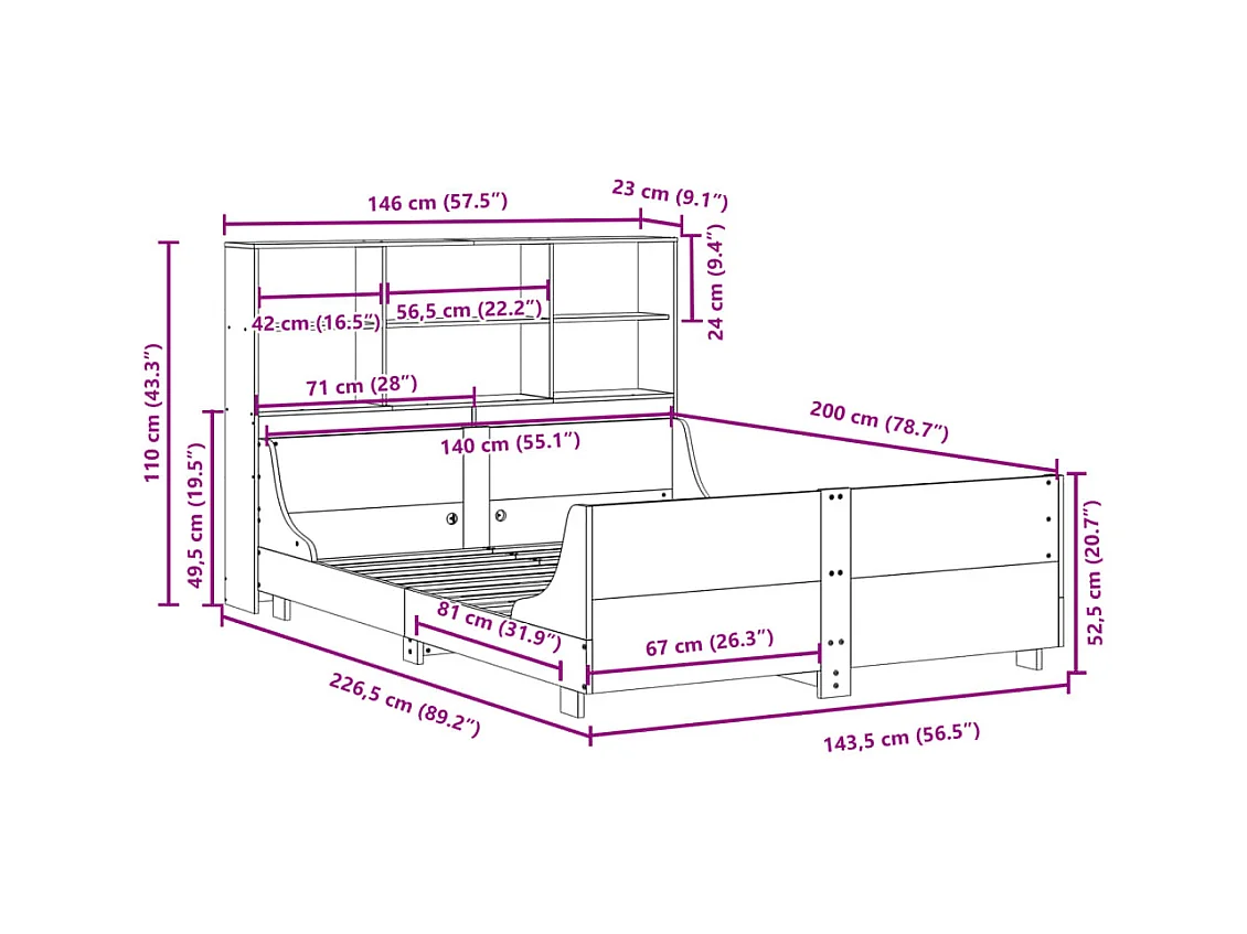 Lit bibliothèque sans matelas blanc 140x200 cm bois massif