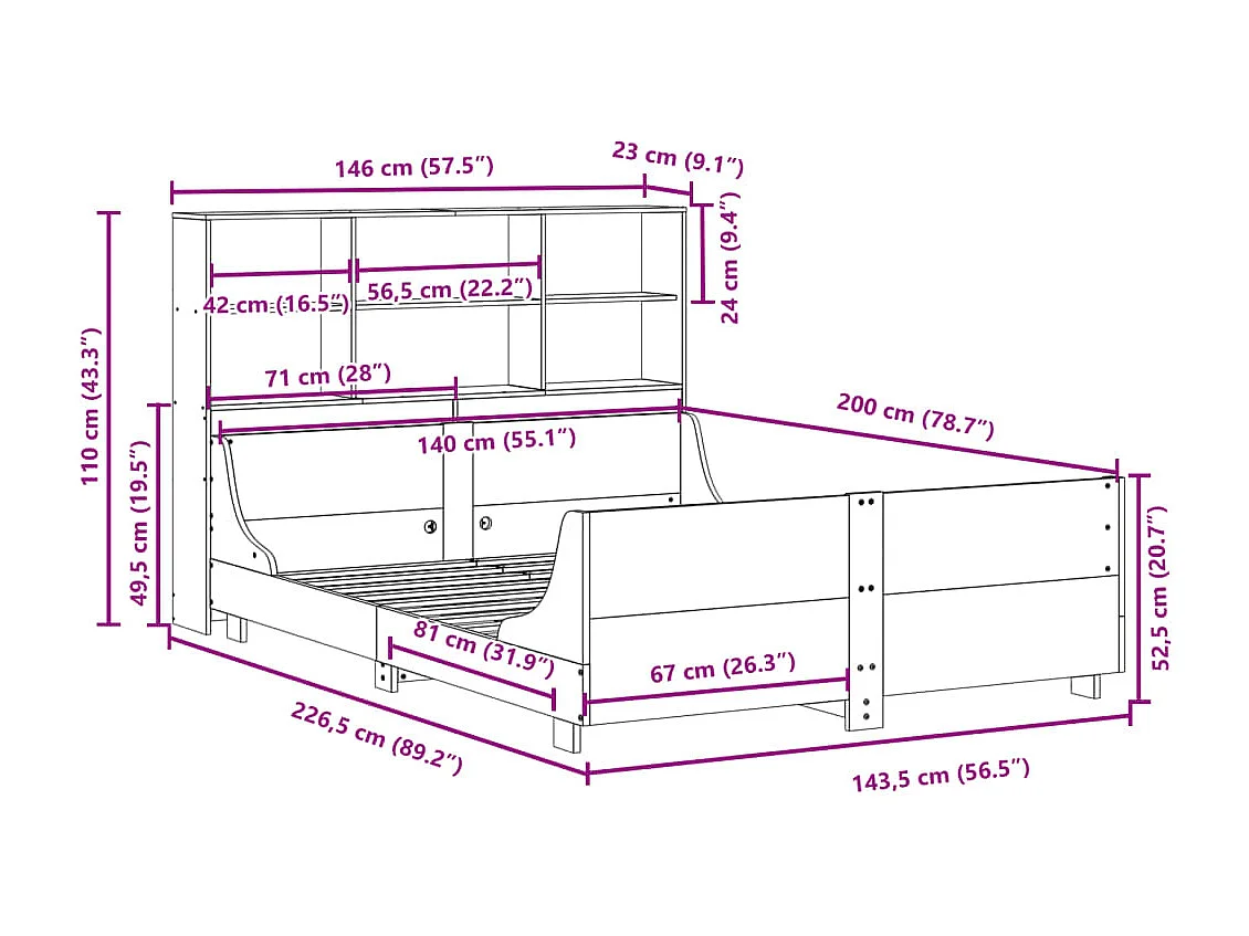 Letto Libreria senza Materasso Bianco 140x200 cm Legno Massello