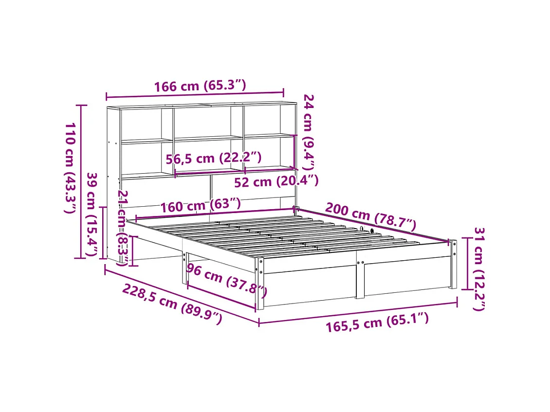 Lit bibliothèque sans matelas blanc 160x200 cm bois pin massif