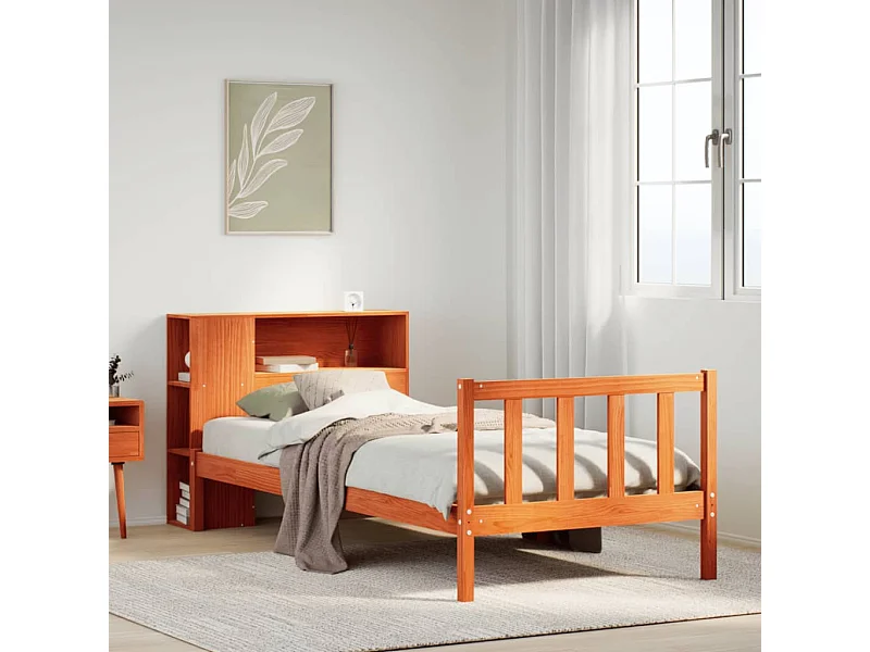 Massivholzbett mit Regal ohne Matratze Wachsbraun 75x190 cm