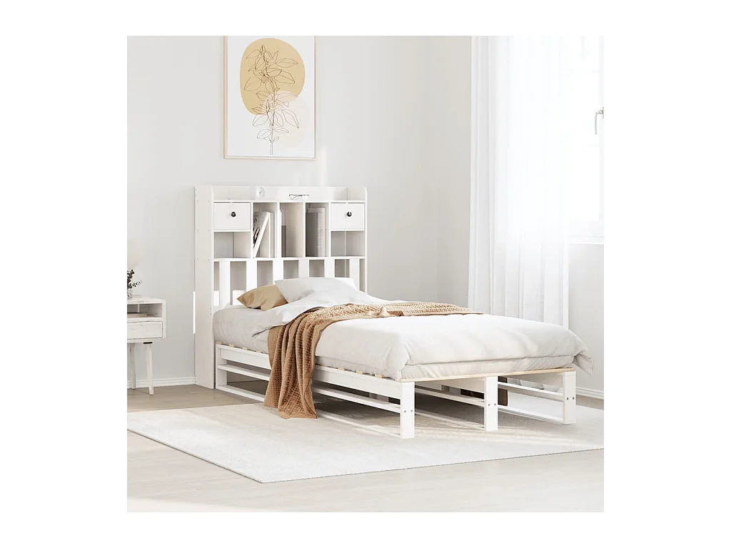 Lit bibliothèque sans matelas blanc 90x190cm bois de pin massif