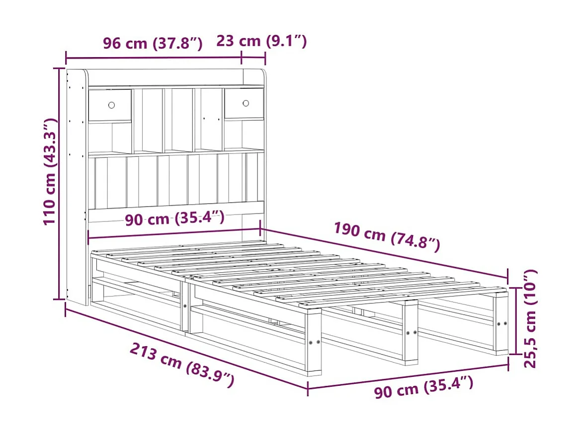 Cama com estante sem colchão 90x190 cm pinho maciço branco