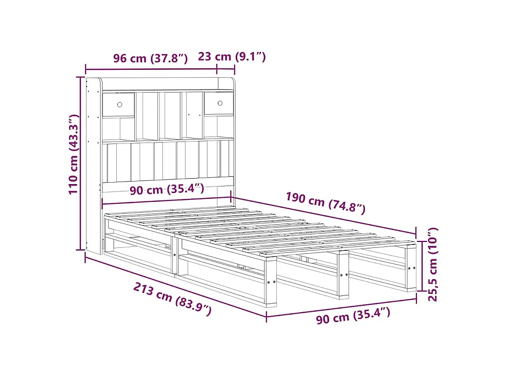 Lit bibliothèque sans matelas blanc 90x190cm bois de pin massif