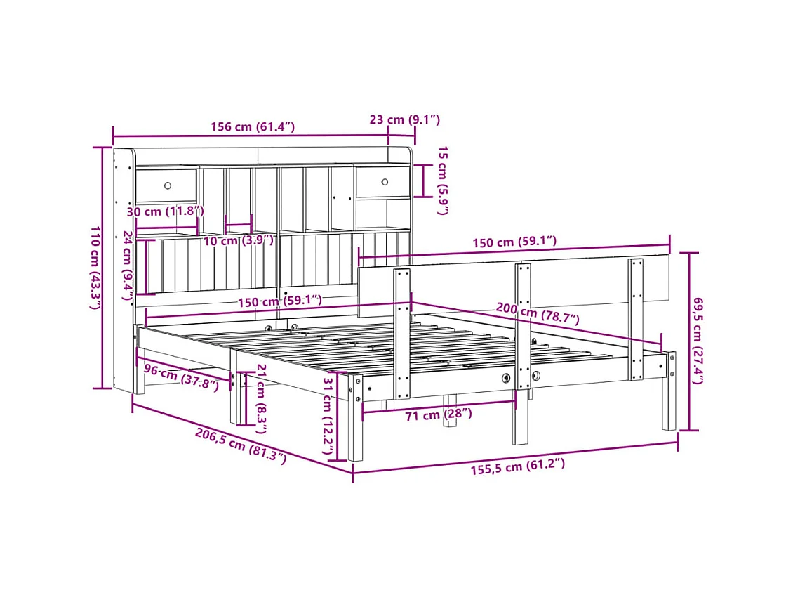 Cama com estante sem colchão 150x200 cm pinho maciço branco
