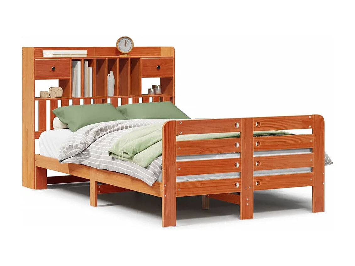 Bed met boekenkast zonder matras grenenhout wasbruin 135x190 cm