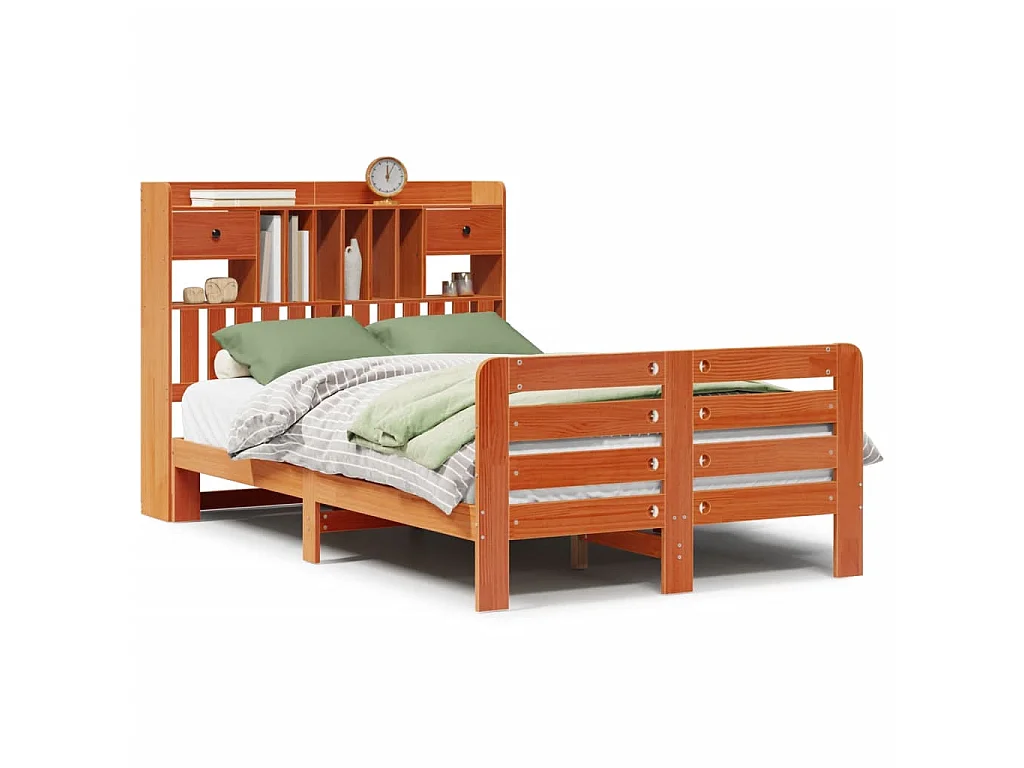 Massivholzbett mit Regal ohne Matratze Wachsbraun 135x190 cm