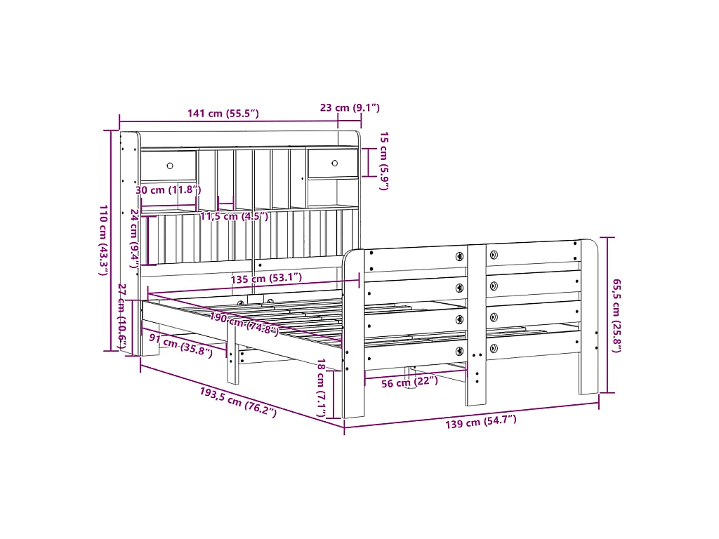 Massivholzbett mit Regal ohne Matratze Wachsbraun 135x190 cm