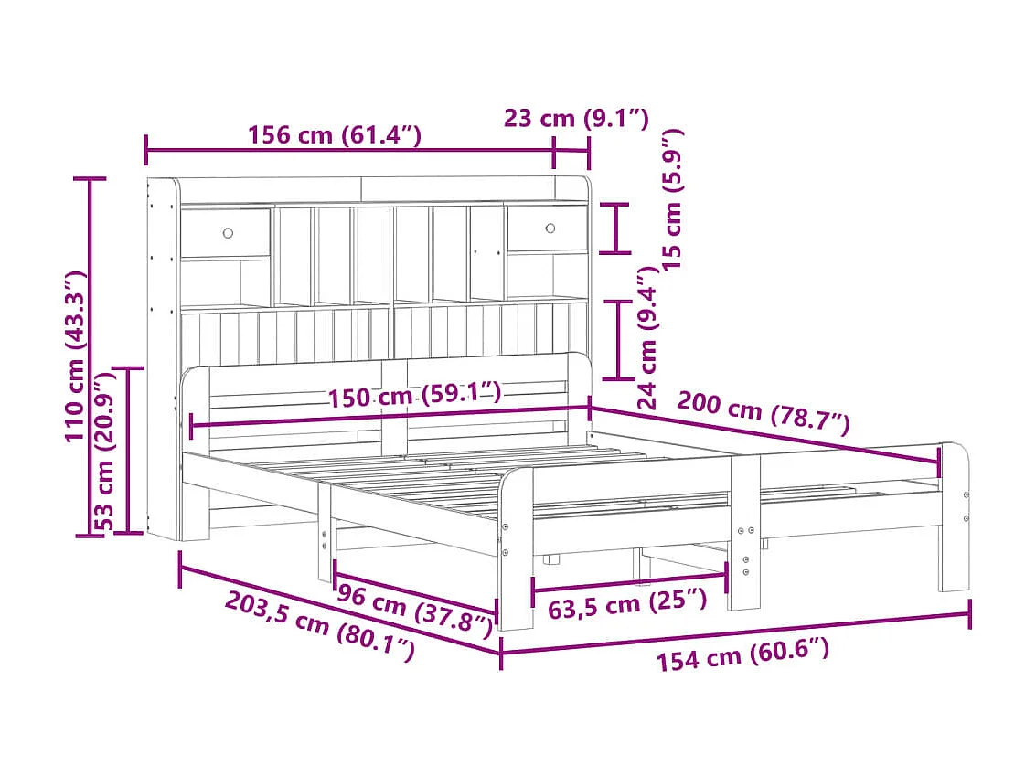 Letto Libreria senza Materasso Bianco 150x200 cm Legno di Pino