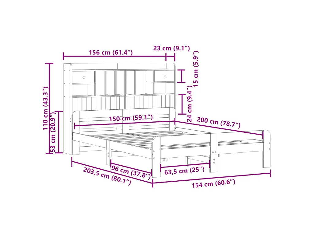 Lit bibliothèque sans matelas blanc 150x200 cm bois pin massif