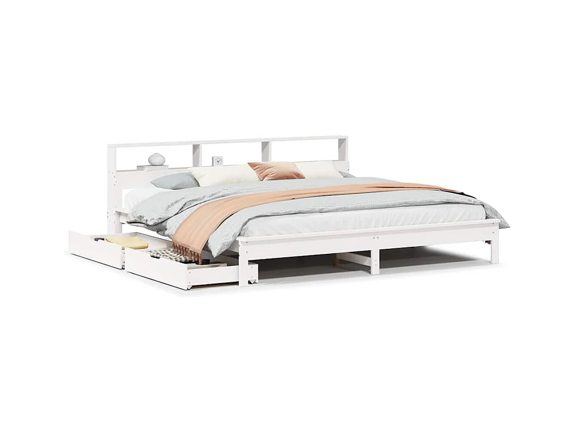 Lit bibliothèque sans matelas blanc 200x200 cm bois pin massif