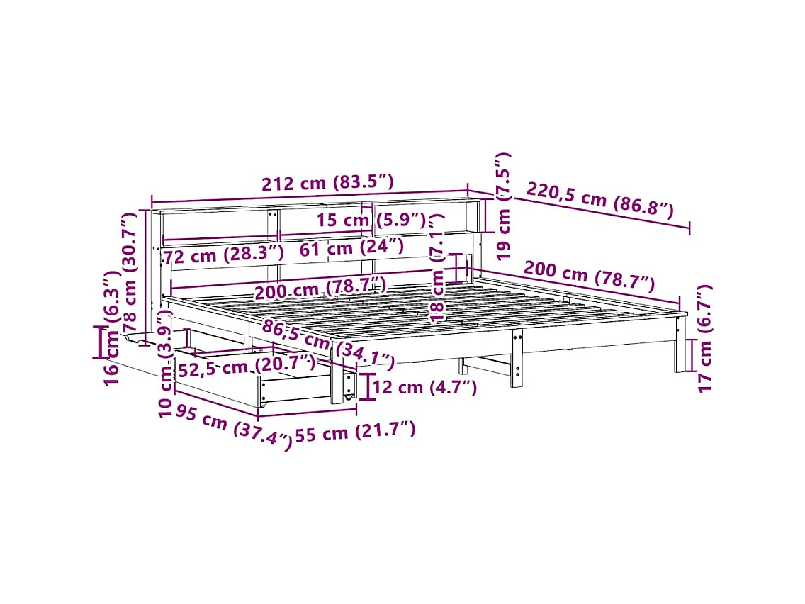 Lit bibliothèque sans matelas blanc 200x200 cm bois pin massif