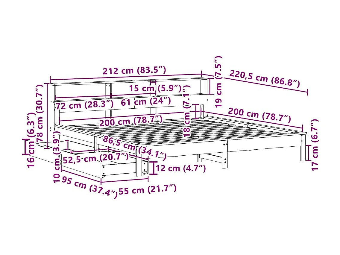 Lit bibliothèque sans matelas blanc 200x200 cm bois pin massif