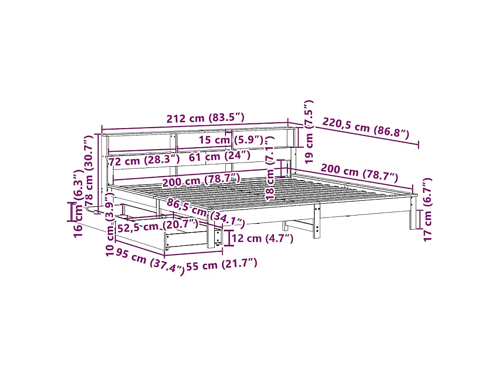 Bed met boekenkast zonder matras grenenhout wit 200x200 cm