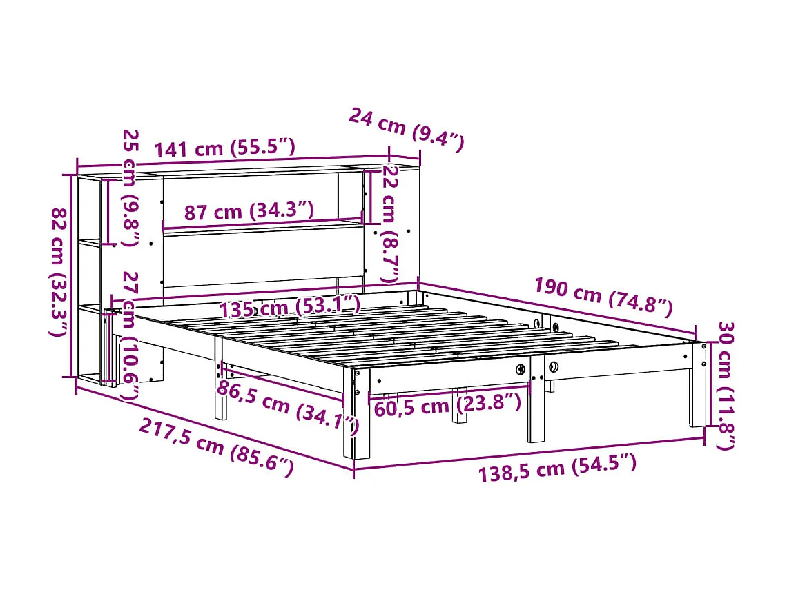 Bed met boekenkast zonder matras massief grenenhout 135x190 cm