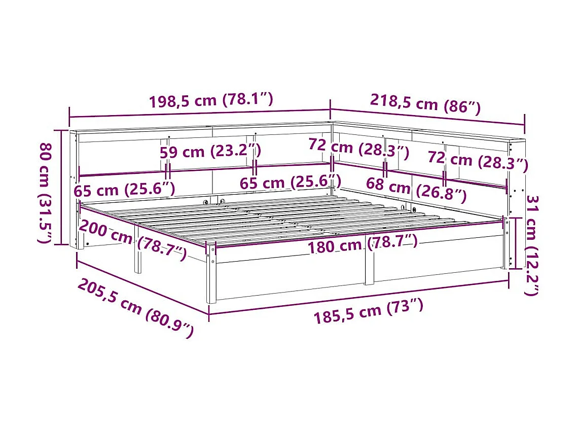 Lit bibliothèque sans matelas blanc 180x200 cm bois pin massif