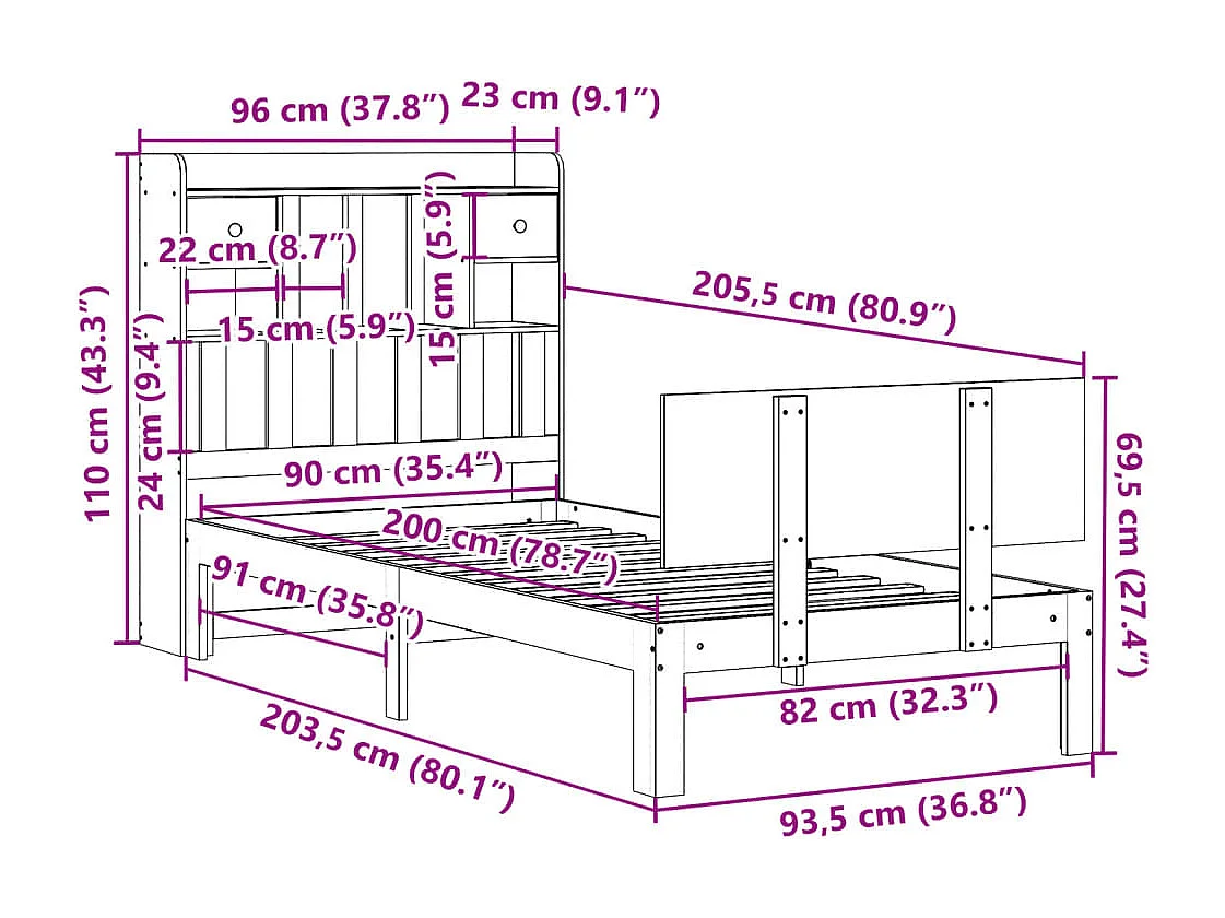 Cama com estante sem colchão 90x200 cm pinho maciço branco