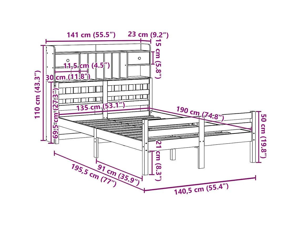 Cama com estante sem colchão 135x190 cm pinho maciço