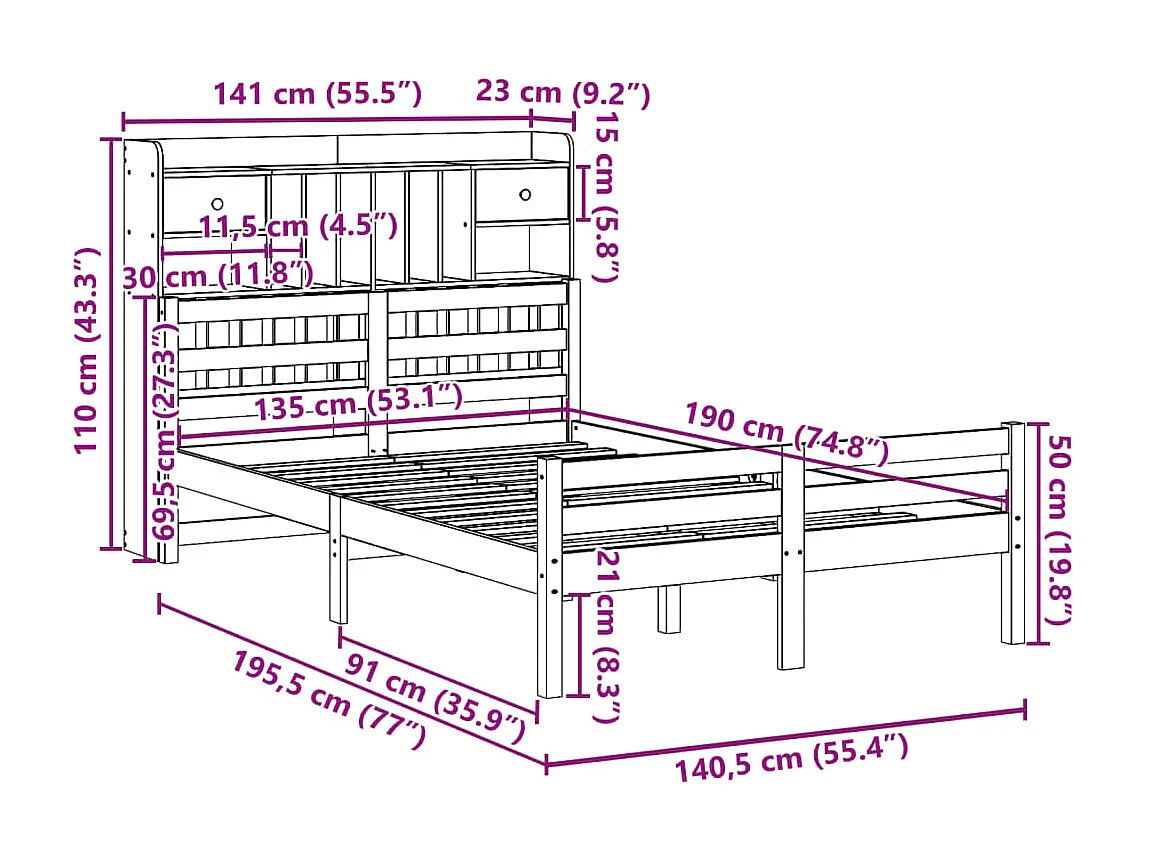 Lit bibliothèque sans matelas 135x190 cm bois de pin massif
