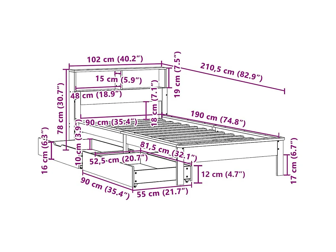 Lit bibliothèque sans matelas blanc 90x190cm bois de pin massif